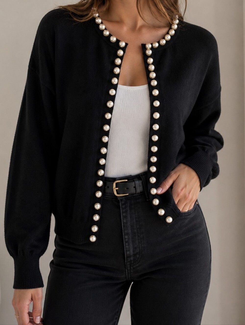 Black Pearl-Trim Knit Cardigan